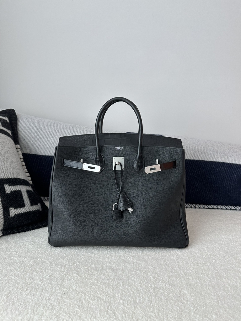 Birkin 35cm Touch Matte Alligator Crocodile & Togo Calfskin Leather CK89 Noir Black Silver Hardware