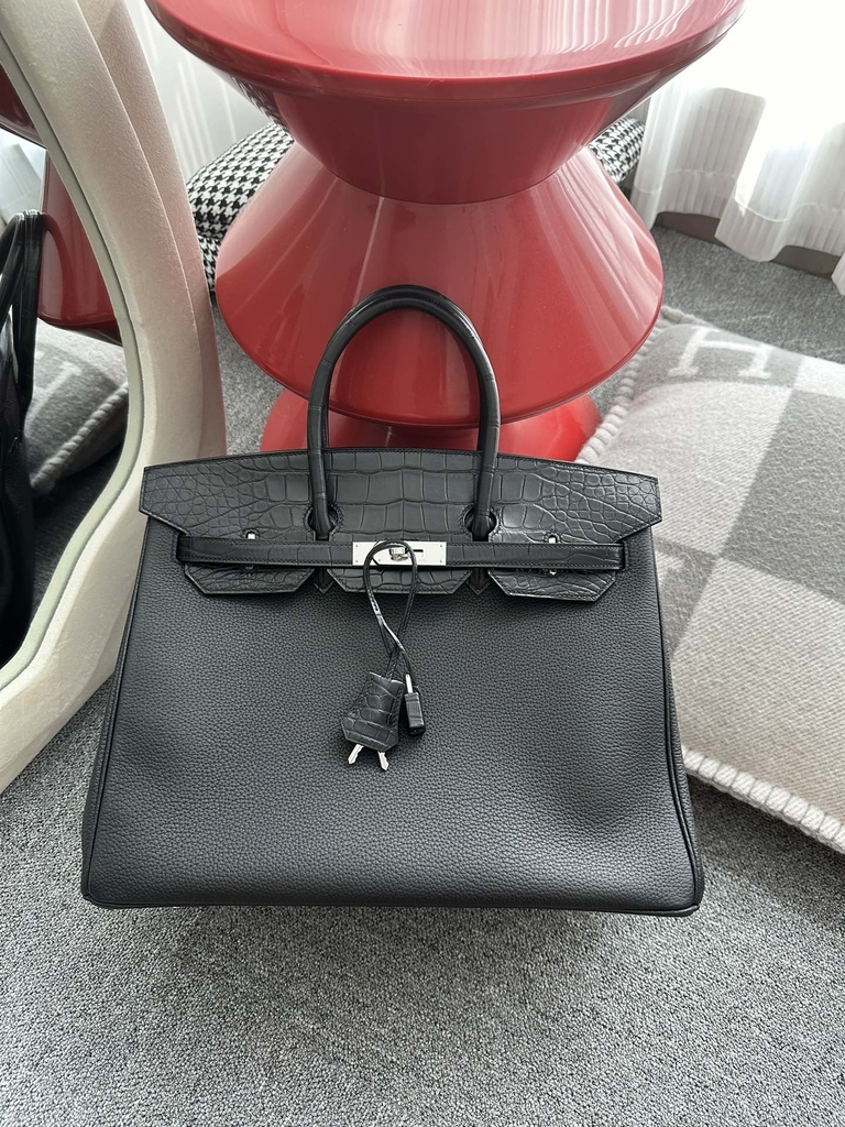 Birkin 35cm Touch Matte Alligator Crocodile & Togo Calfskin Leather CK89 Noir Black Silver Hardware