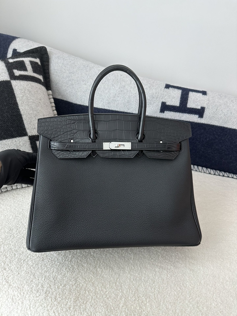 Birkin 35cm Touch Matte Alligator Crocodile & Togo Calfskin Leather CK89 Noir Black Silver Hardware