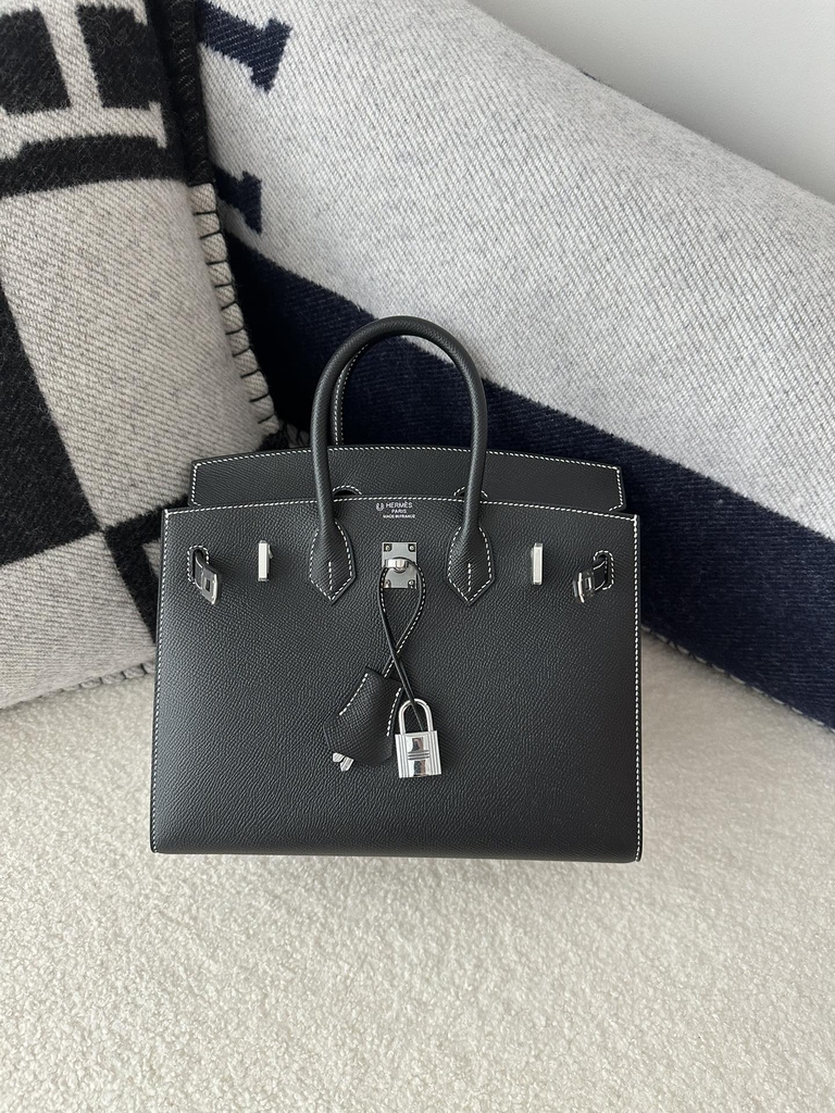 Birkin 25cm Epsom Textured Calfskin Leather CK89 Noir Black Silver Hardware White Stitching Horseshoe Logo