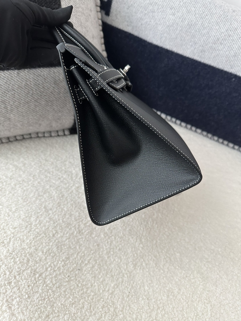 Birkin 25cm Epsom Textured Calfskin Leather CK89 Noir Black Silver Hardware White Stitching Horseshoe Logo