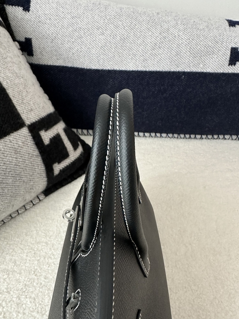 Birkin 25cm Epsom Textured Calfskin Leather CK89 Noir Black Silver Hardware White Stitching Horseshoe Logo
