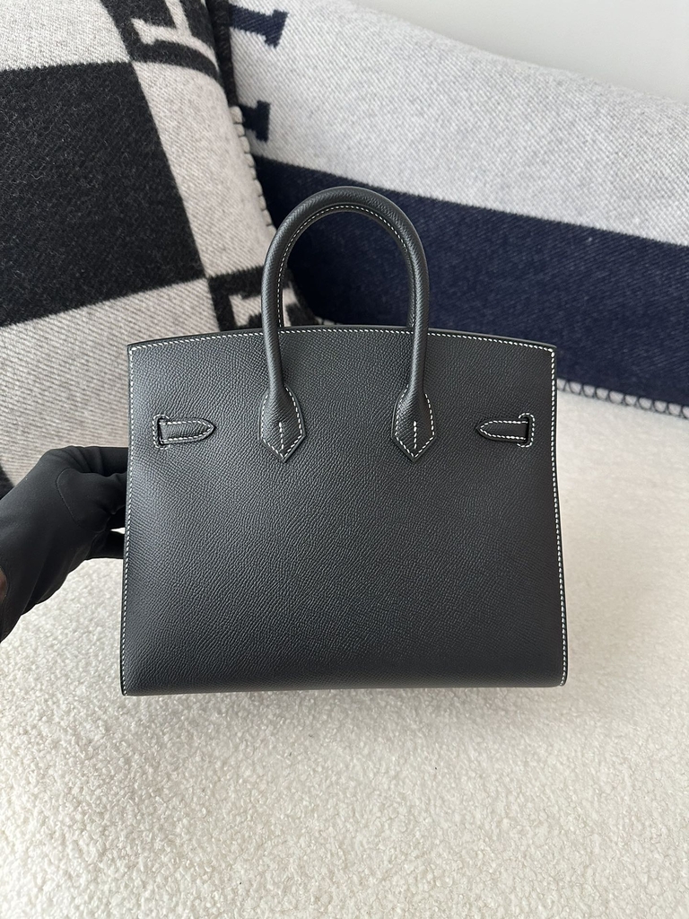 Birkin 25cm Epsom Textured Calfskin Leather CK89 Noir Black Silver Hardware White Stitching Horseshoe Logo