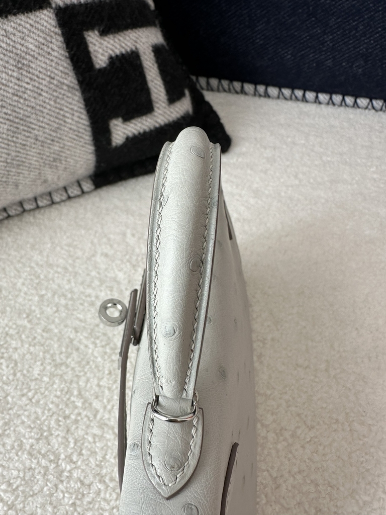 Kelly Mini II Klein Karoo South African Ostrich Leather 80 Pearl Grey Silver Hardware