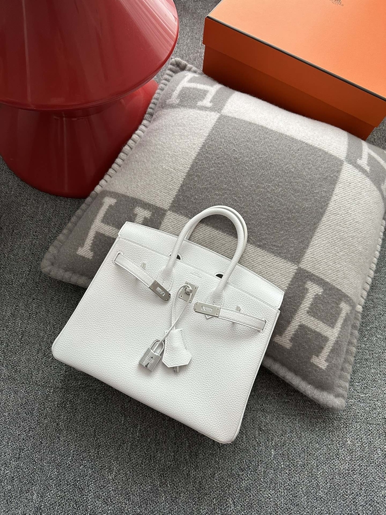 Birkin 25cm, Imported Togo Calfskin, 01 Blanc Pure White with Silver Hardware.