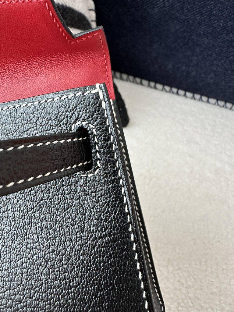 Kelly Mini II, Imported Chevre Goat Leather, CK89 Noir Black & Q5 Rouge Casaque Red with Silver Hardware.