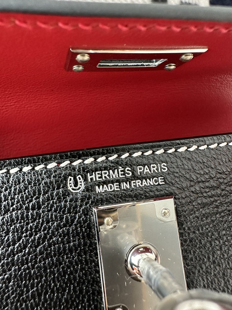 Kelly Mini II, Imported Chevre Goat Leather, CK89 Noir Black & Q5 Rouge Casaque Red with Silver Hardware.