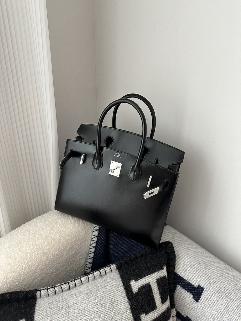Birkin 30cm, New Design with External Stitching, Imported Box Leather, CK89 Noir Black with Silver Hardware.