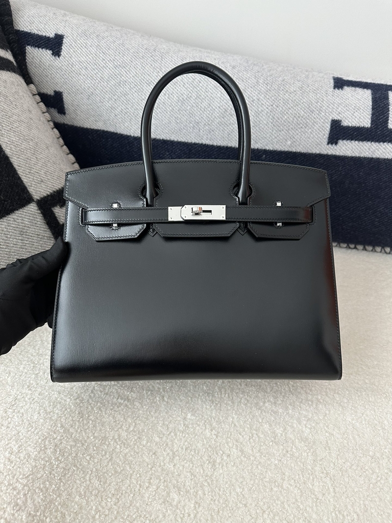 Birkin 30cm, New Design with External Stitching, Imported Box Leather, CK89 Noir Black with Silver Hardware.