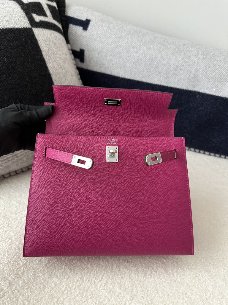 Kelly 25cm, Imported Epsom Grained Leather, L3 Rose Purple with Silver Hardware.