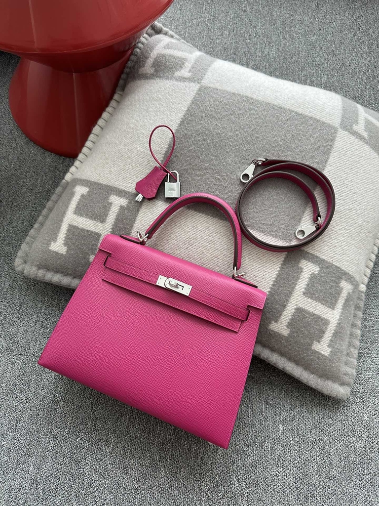 Kelly 25cm, Imported Epsom Grained Leather, L3 Rose Purple with Silver Hardware.