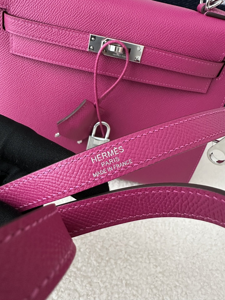 Kelly 25cm, Imported Epsom Grained Leather, L3 Rose Purple with Silver Hardware.
