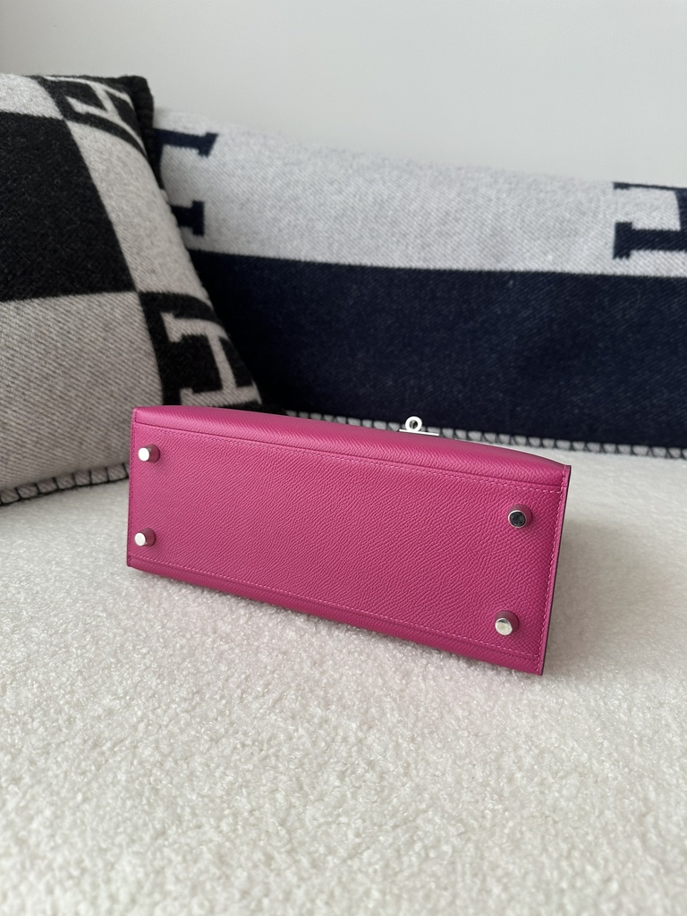 Kelly 25cm, Imported Epsom Grained Leather, L3 Rose Purple with Silver Hardware.