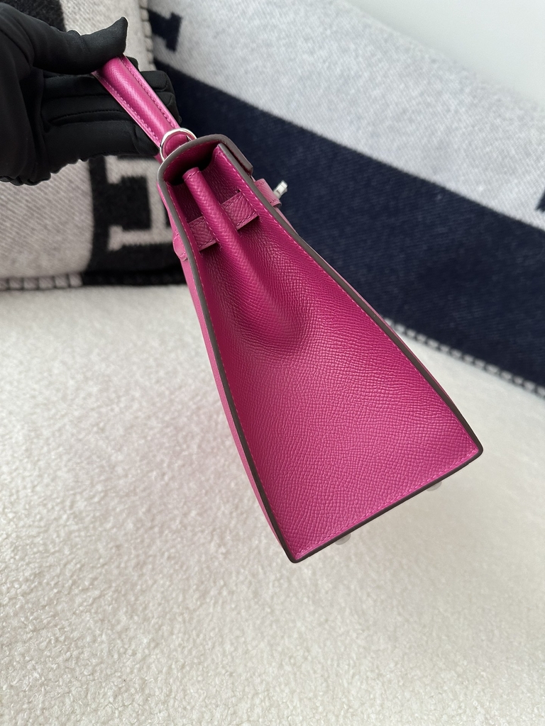 Kelly 25cm, Imported Epsom Grained Leather, L3 Rose Purple with Silver Hardware.