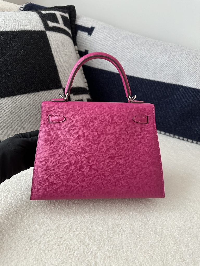 Kelly 25cm, Imported Epsom Grained Leather, L3 Rose Purple with Silver Hardware.