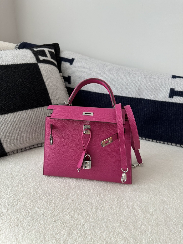 Kelly 25cm, Imported Epsom Grained Leather, L3 Rose Purple with Silver Hardware.