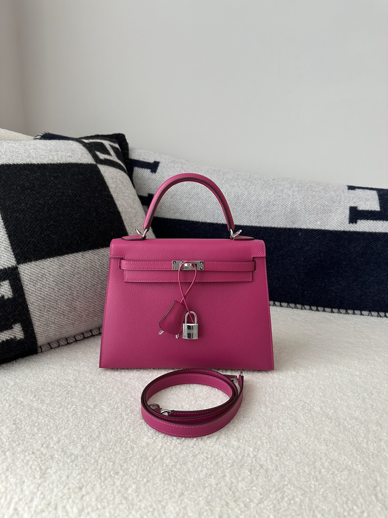 Kelly 25cm, Imported Epsom Grained Leather, L3 Rose Purple with Silver Hardware.