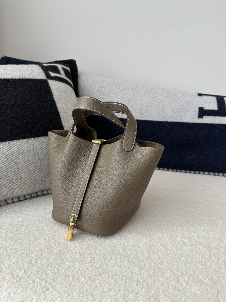 Picotin Lock 18cm, Imported Clemence Leather, CC18 Etoupe Grey with Gold Hardware.