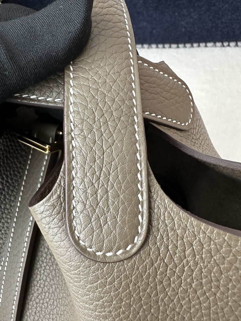 Picotin Lock 18cm, Imported Clemence Leather, CC18 Etoupe Grey with Gold Hardware.