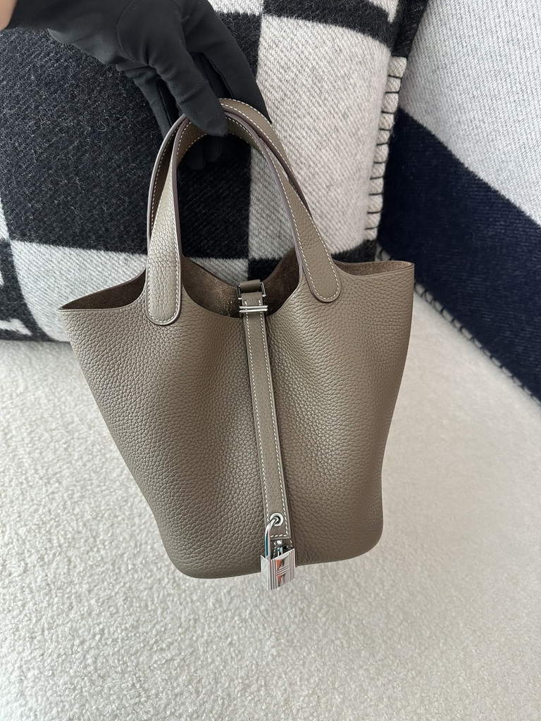 Picotin Lock 18cm, Imported Clemence Leather, CK18 Etoupe Grey with Silver Hardware.