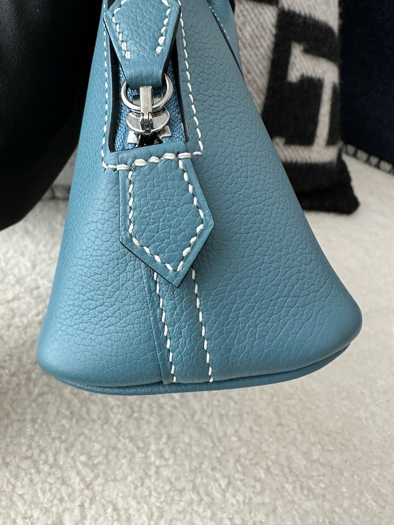 Mini Bolide, Imported Evercolor Leather, D2 New Bleu Jean with Silver Hardware.