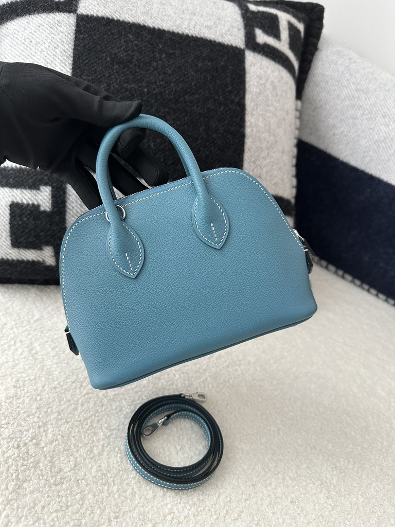 Mini Bolide, Imported Evercolor Leather, D2 New Bleu Jean with Silver Hardware.