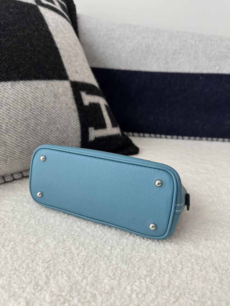 Mini Bolide, Imported Evercolor Leather, D2 New Bleu Jean with Silver Hardware.