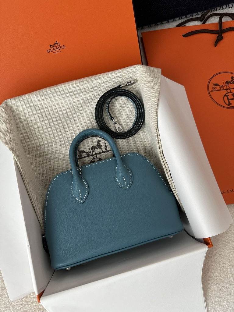 Mini Bolide, Imported Evercolor Leather, D2 New Bleu Jean with Silver Hardware.