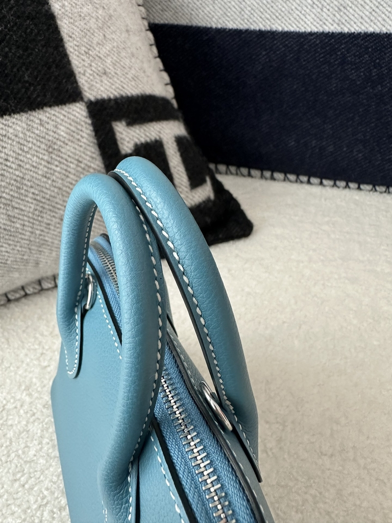 Mini Bolide, Imported Evercolor Leather, D2 New Bleu Jean with Silver Hardware.