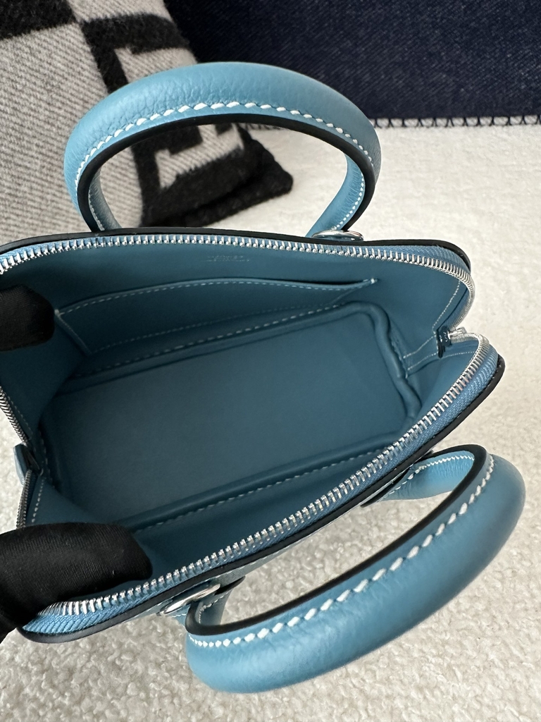 Mini Bolide, Imported Evercolor Leather, D2 New Bleu Jean with Silver Hardware.