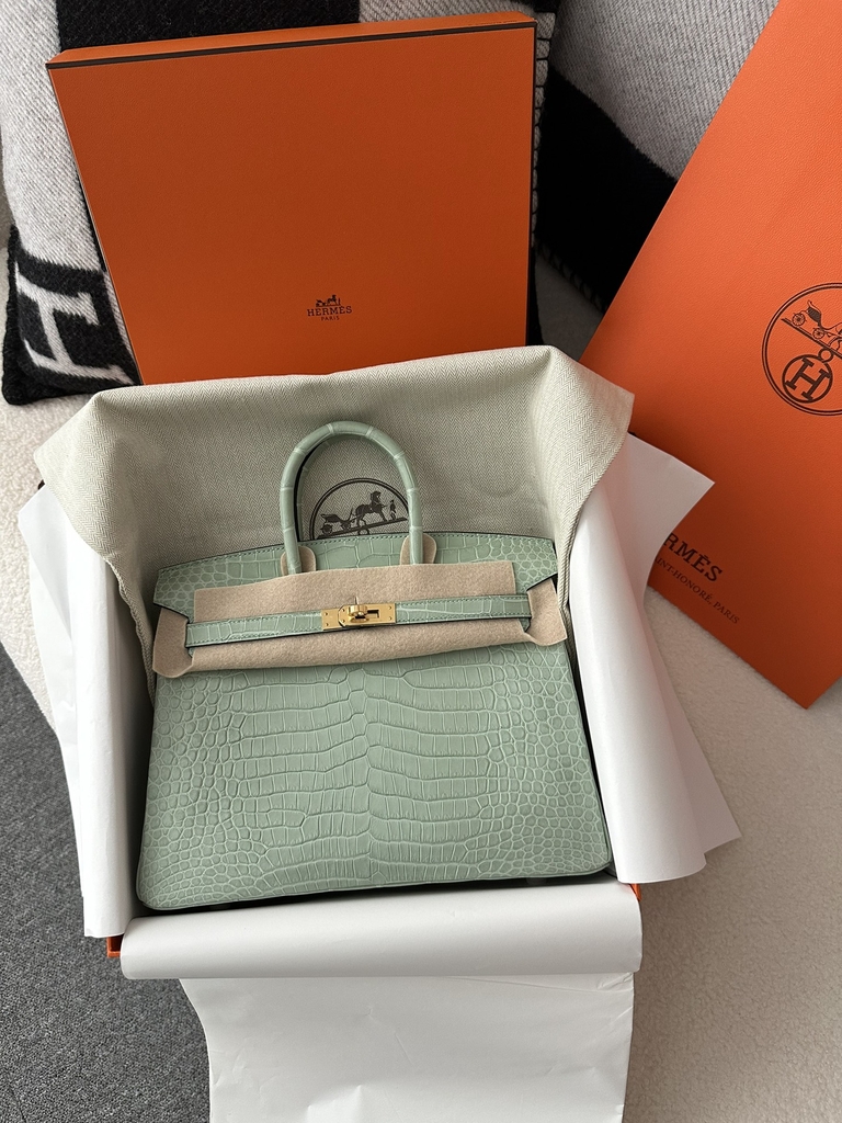 Birkin 25cm, Matte Porosus Crocodile, Imported HCP Leather, 6U Vert Deau Mint Green with Gold Hardware.