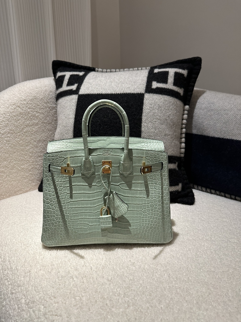 Birkin 25cm, Matte Porosus Crocodile, Imported HCP Leather, 6U Vert Deau Mint Green with Gold Hardware.