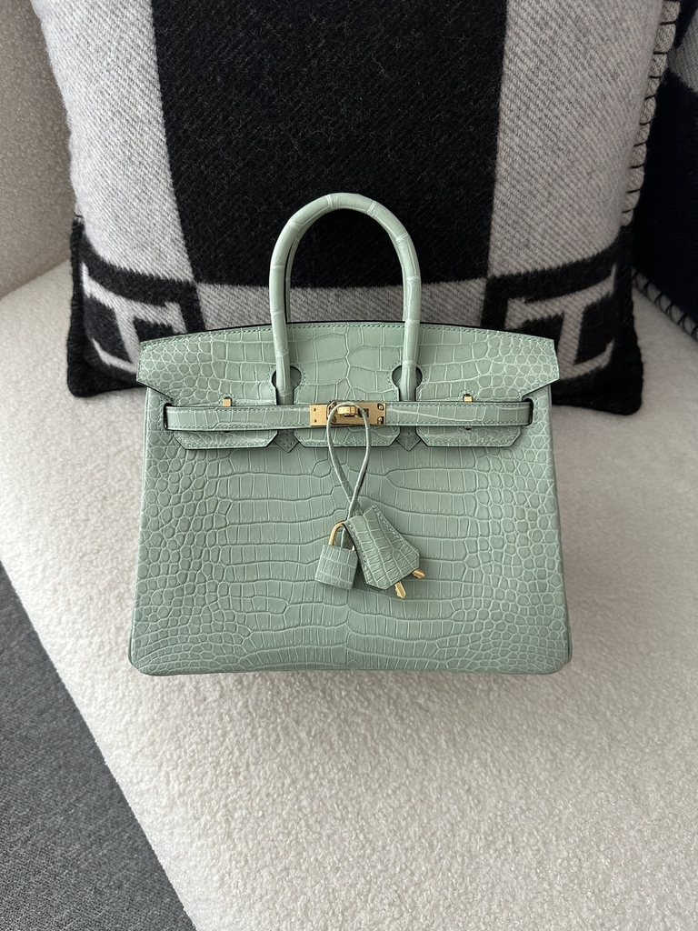 Birkin 25cm, Matte Porosus Crocodile, Imported HCP Leather, 6U Vert Deau Mint Green with Gold Hardware.