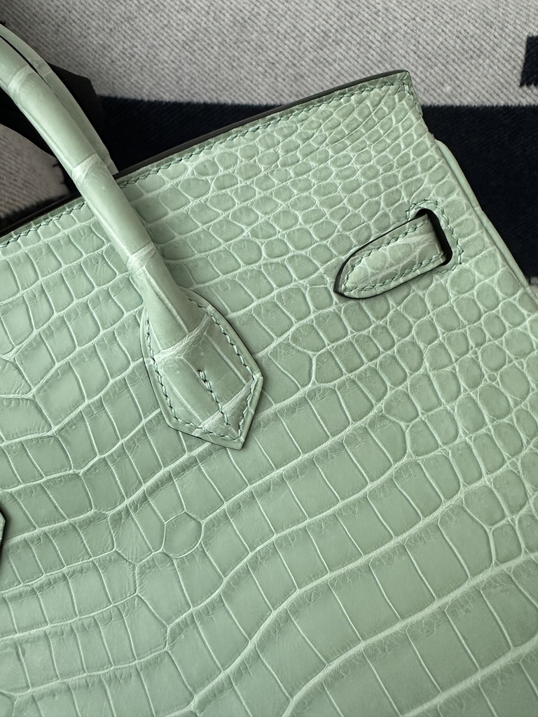 Birkin 25cm, Matte Porosus Crocodile, Imported HCP Leather, 6U Vert Deau Mint Green with Gold Hardware.