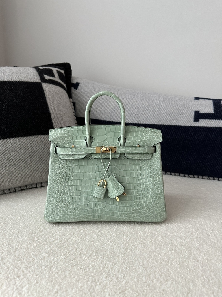 Birkin 25cm, Matte Porosus Crocodile, Imported HCP Leather, 6U Vert Deau Mint Green with Gold Hardware.