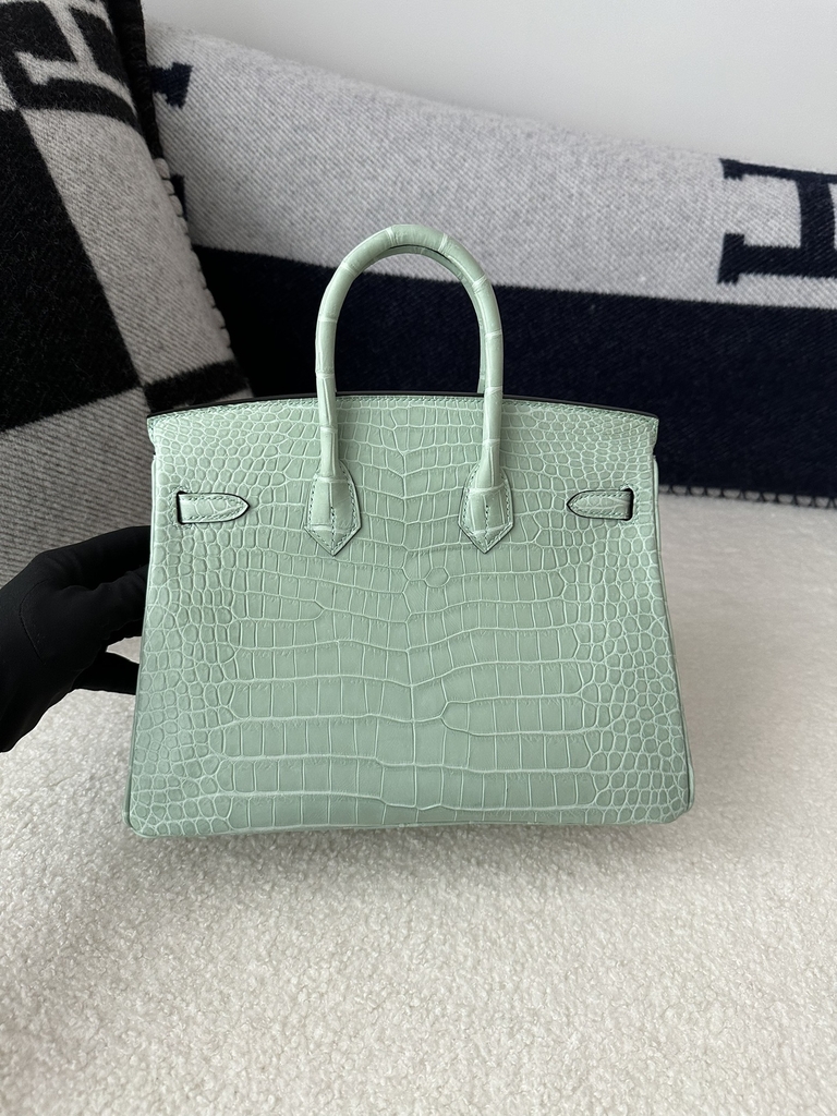 Birkin 25cm, Matte Porosus Crocodile, Imported HCP Leather, 6U Vert Deau Mint Green with Gold Hardware.