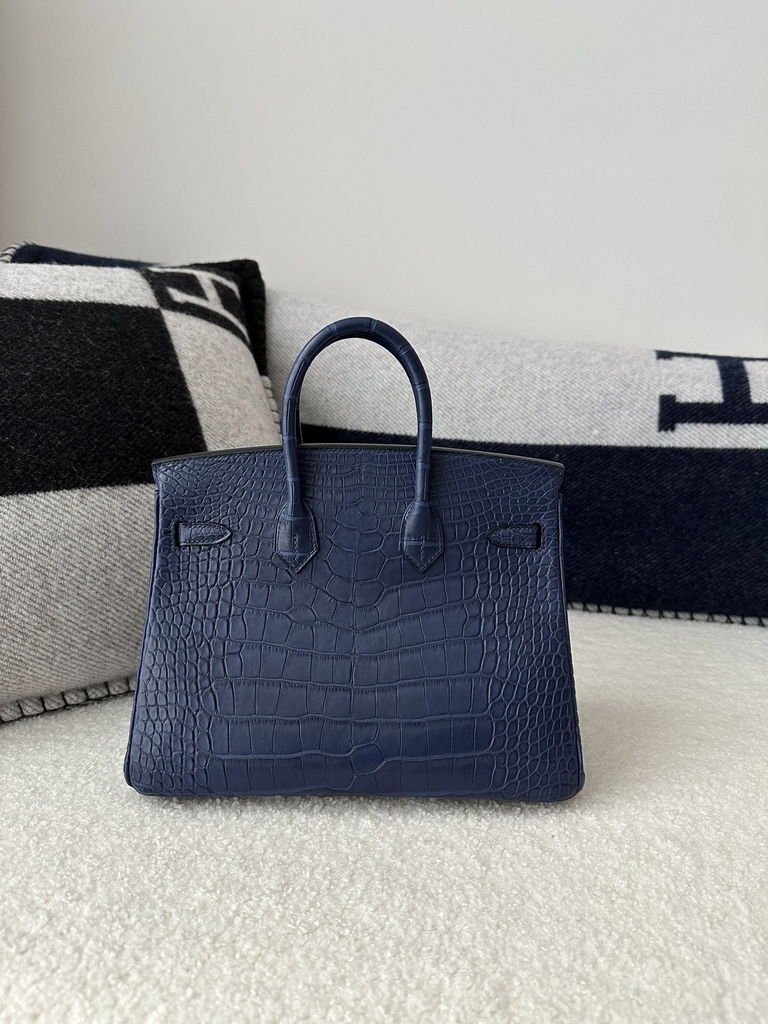 Birkin 25cm, Imported Matte Alligator Leather, CC73 Bleu Saphir with Gold Hardware.