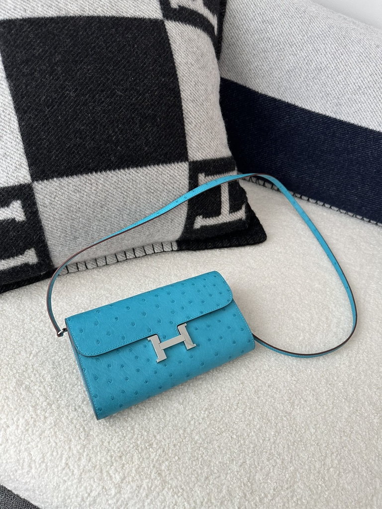 Constance To Go Crossbody Wallet, Imported Klein Karoo Ostrich Skin, CK79 Aqua with Silver Hardware.