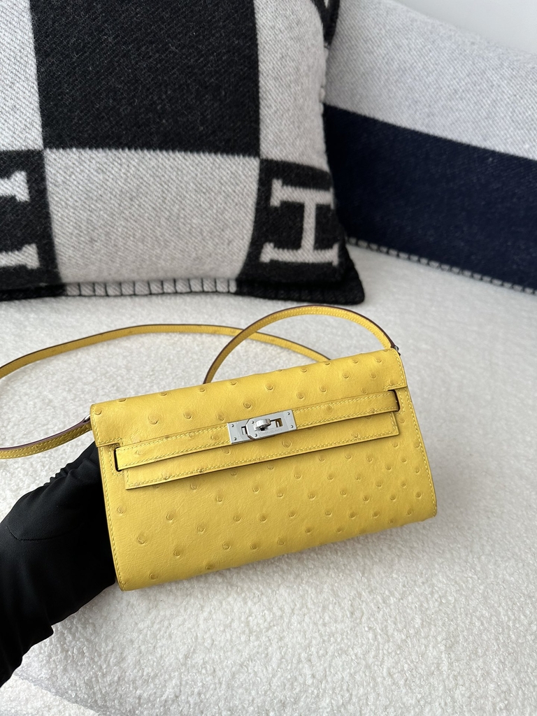Kelly To Go Crossbody Wallet, Imported Original Klein Karoo Ostrich Skin from South Africa, 9R Lime (Lime Yellow) with Silver Hardware.