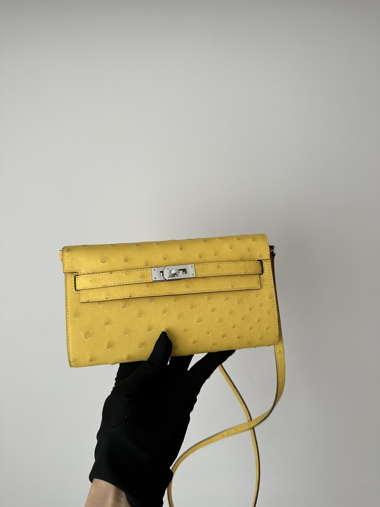 Kelly To Go Crossbody Wallet, Imported Original Klein Karoo Ostrich Skin from South Africa, 9R Lime (Lime Yellow) with Silver Hardware.