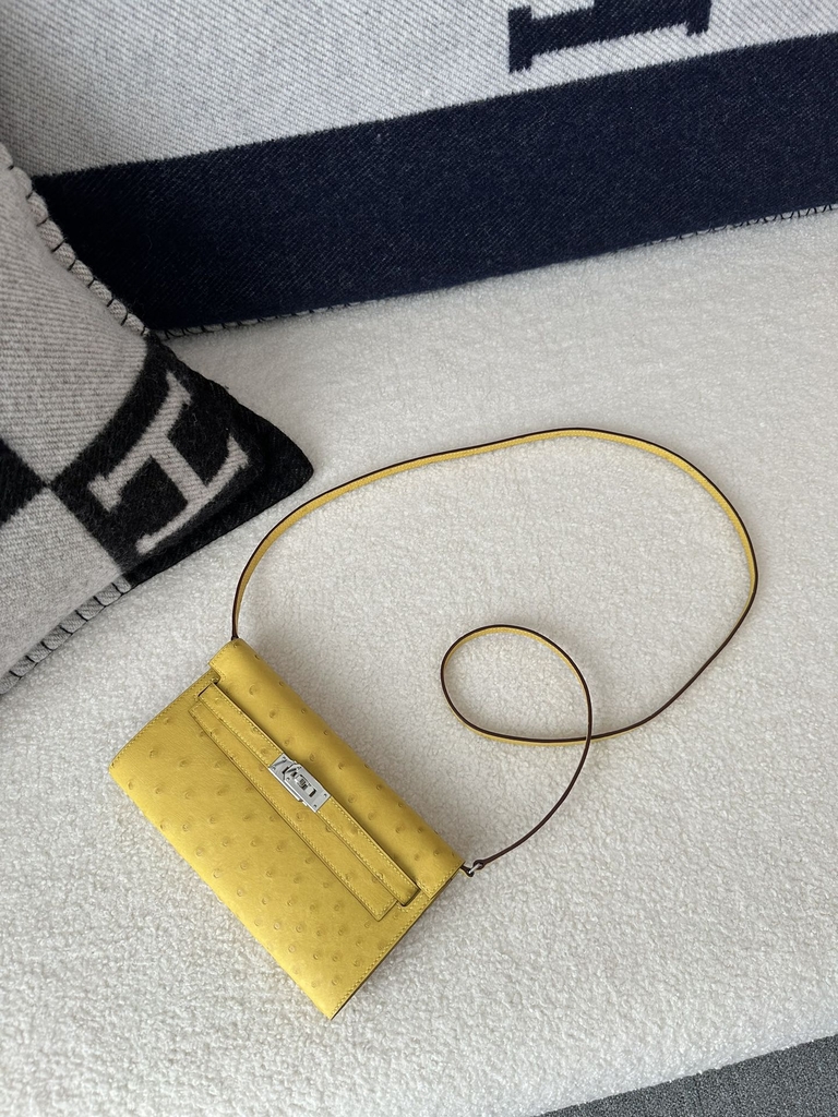 Kelly To Go Crossbody Wallet, Imported Original Klein Karoo Ostrich Skin from South Africa, 9R Lime (Lime Yellow) with Silver Hardware.