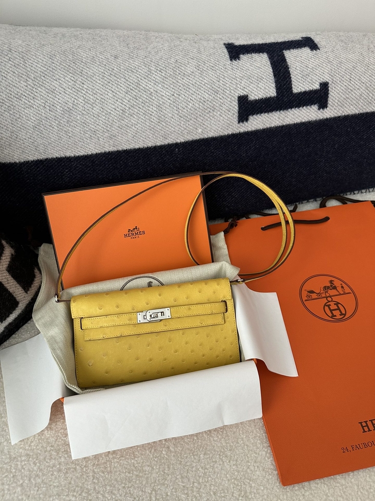 Kelly To Go Crossbody Wallet, Imported Original Klein Karoo Ostrich Skin from South Africa, 9R Lime (Lime Yellow) with Silver Hardware.