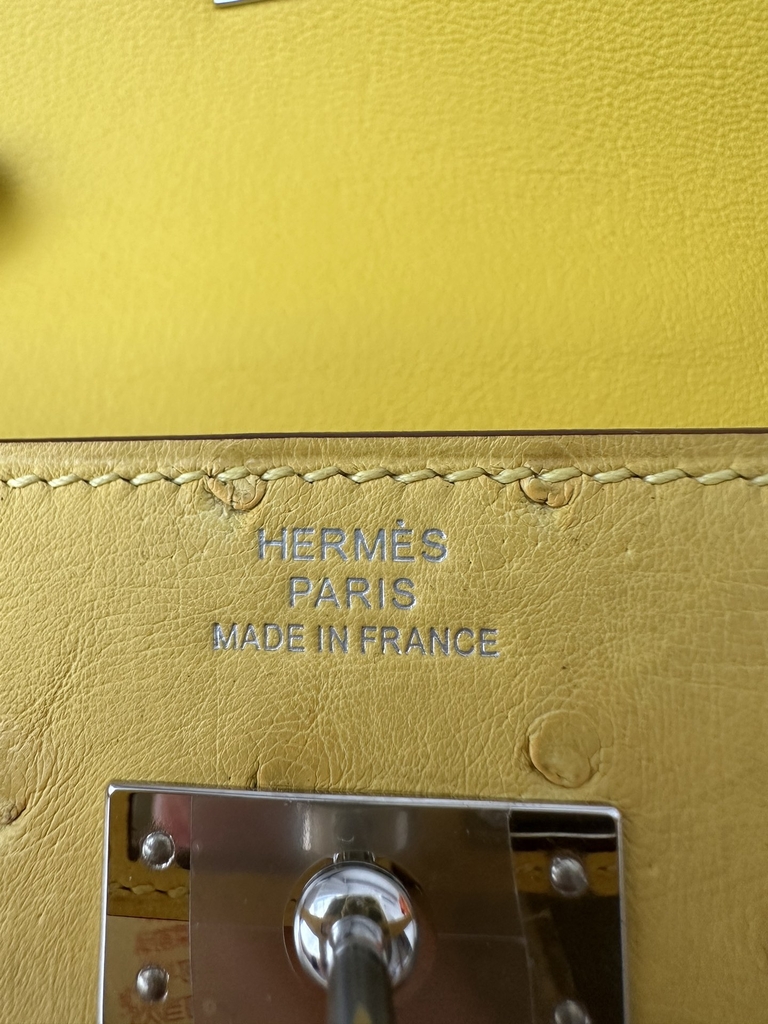 Kelly To Go Crossbody Wallet, Imported Original Klein Karoo Ostrich Skin from South Africa, 9R Lime (Lime Yellow) with Silver Hardware.