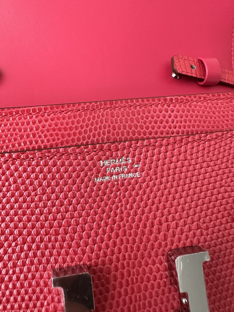 Constance To Go Crossbody Wallet, Imported Original Luxe Lizard Skin, I6 Rose Extreme (Vibrant Pink) with Silver Hardware.
