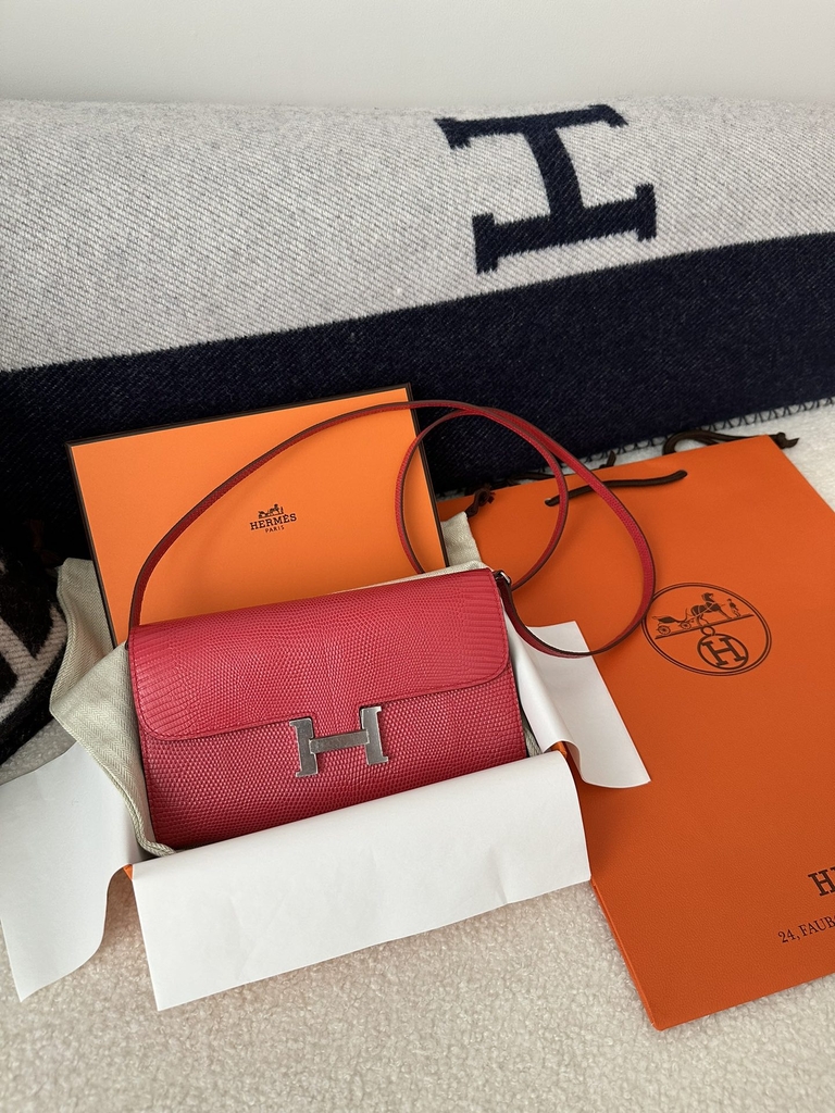 Constance To Go Crossbody Wallet, Imported Original Luxe Lizard Skin, I6 Rose Extreme (Vibrant Pink) with Silver Hardware.