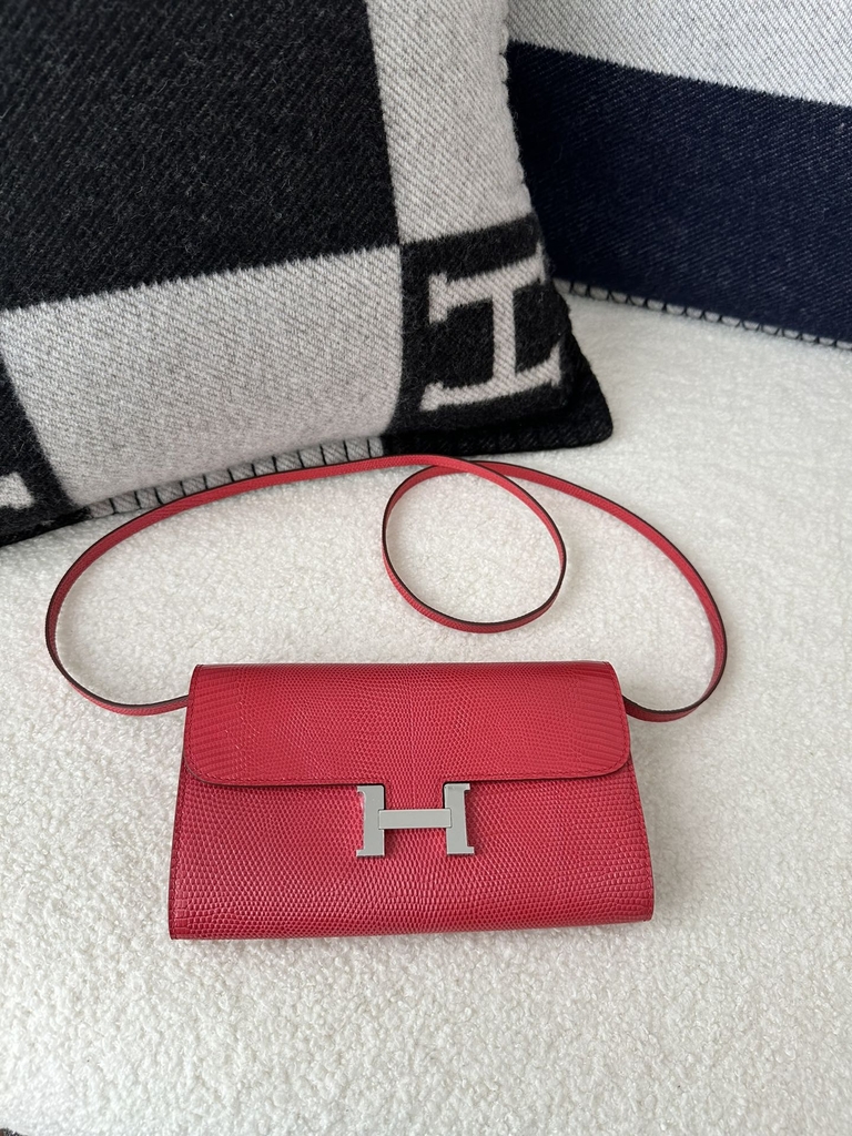 Constance To Go Crossbody Wallet, Imported Original Luxe Lizard Skin, I6 Rose Extreme (Vibrant Pink) with Silver Hardware.
