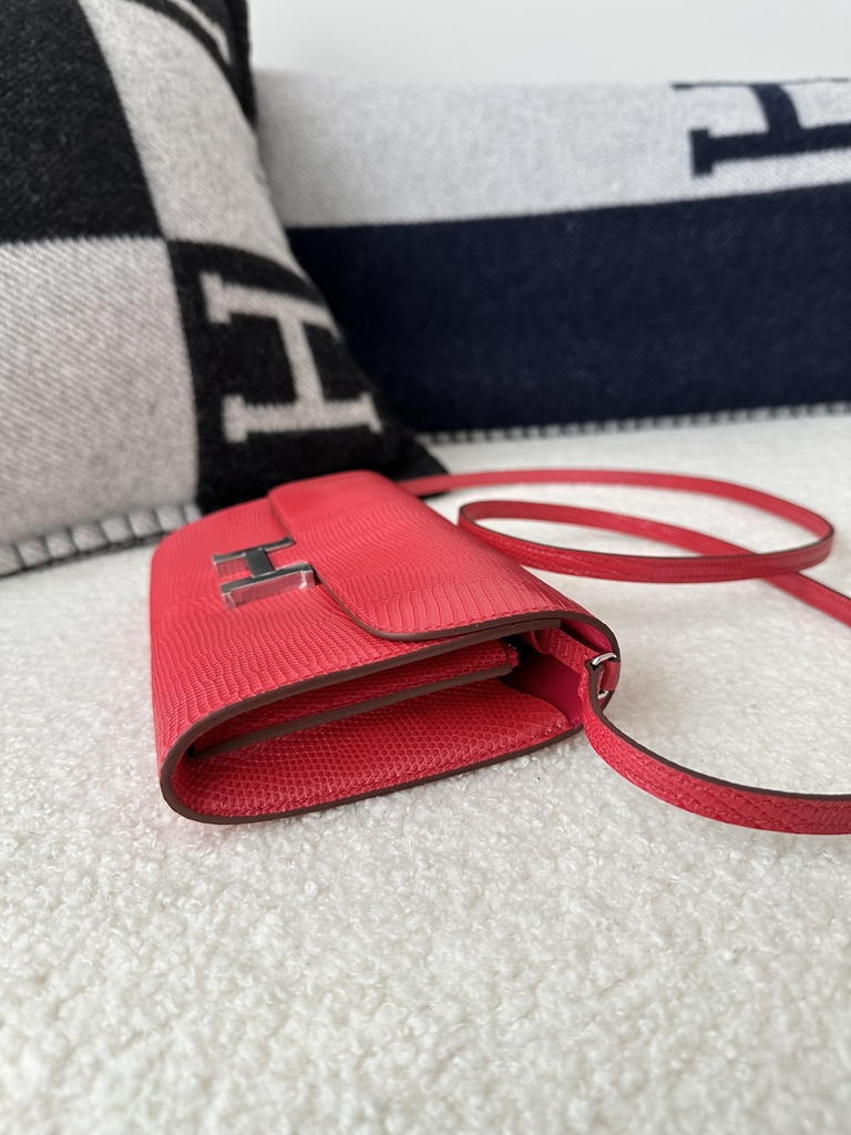 Constance To Go Crossbody Wallet, Imported Original Luxe Lizard Skin, I6 Rose Extreme (Vibrant Pink) with Silver Hardware.