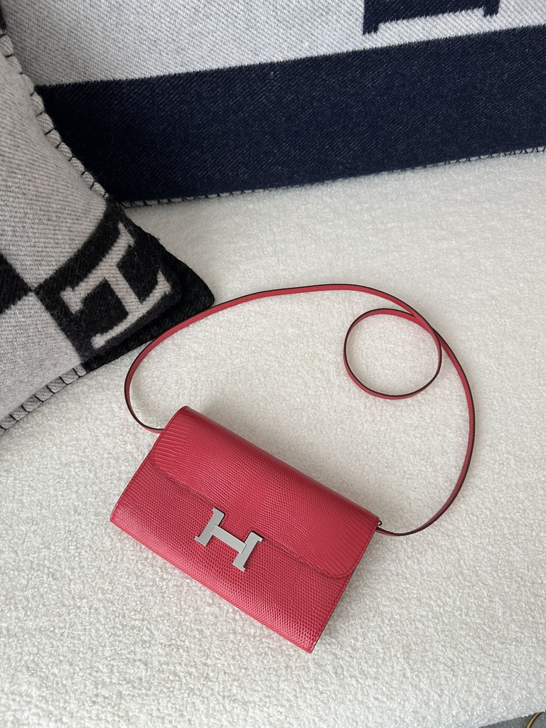Constance To Go Crossbody Wallet, Imported Original Luxe Lizard Skin, I6 Rose Extreme (Vibrant Pink) with Silver Hardware.