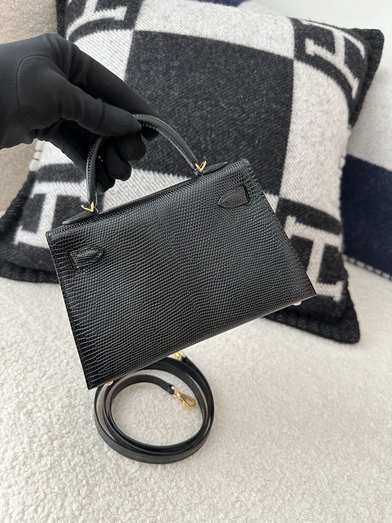 Mini Kelly II, Lizard, Imported Original Luxe Lizard Skin, CC89 Noir (Black) with Gold Hardware.