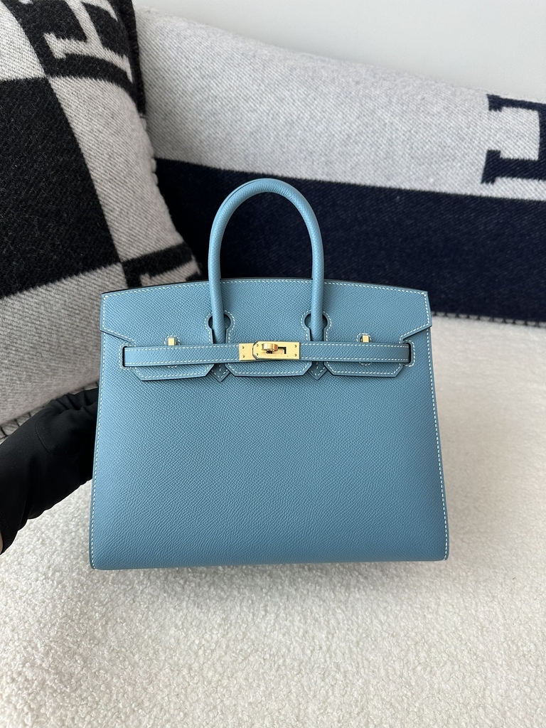 Birkin 25cm, Imported Epsom Grained Leather, CC75 Blue Jean (Denim Blue) with Gold Hardware.